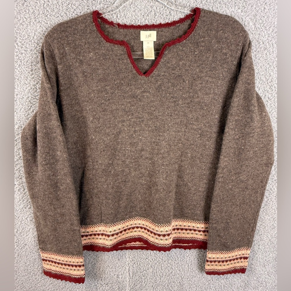 J. Jill Brown Sweater with Red and Cream Accents lambswool/angora M